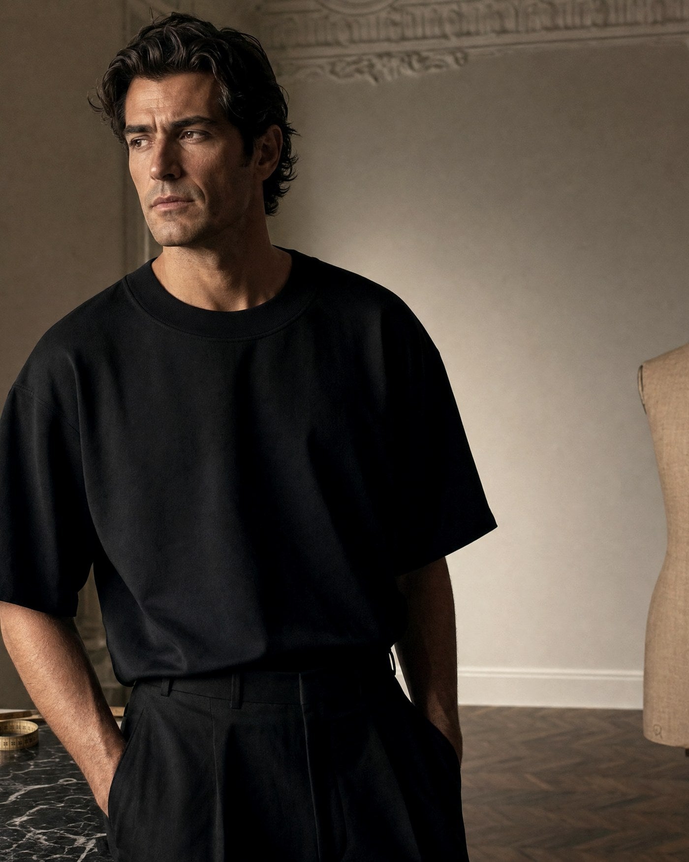 The Brioni Tee, obsidian oversized tee in a Parisian atelier.