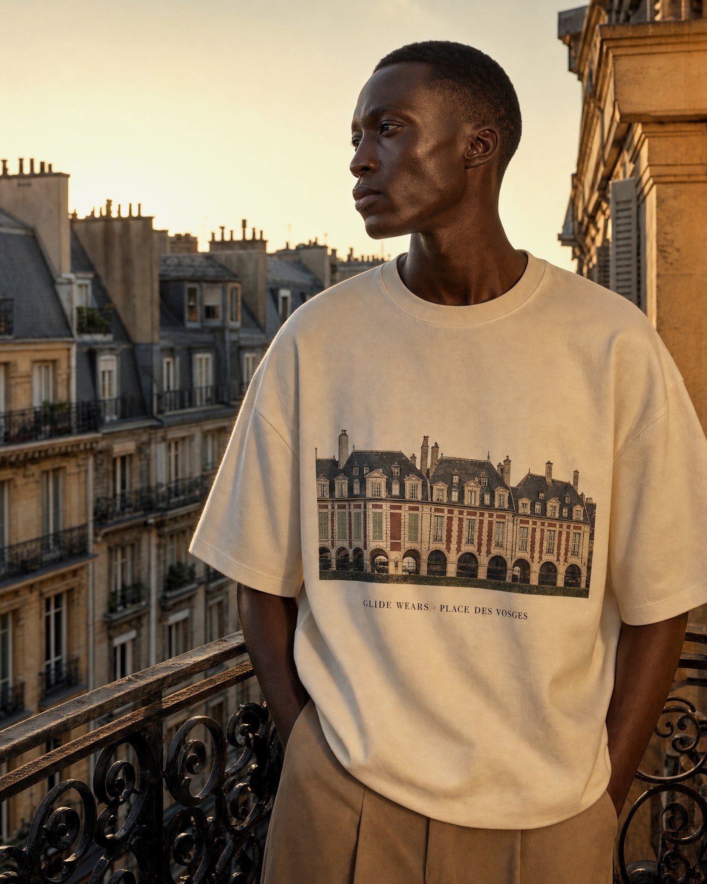 The Heritage Print Tee, moon-white tee printed with Place des Vosges.